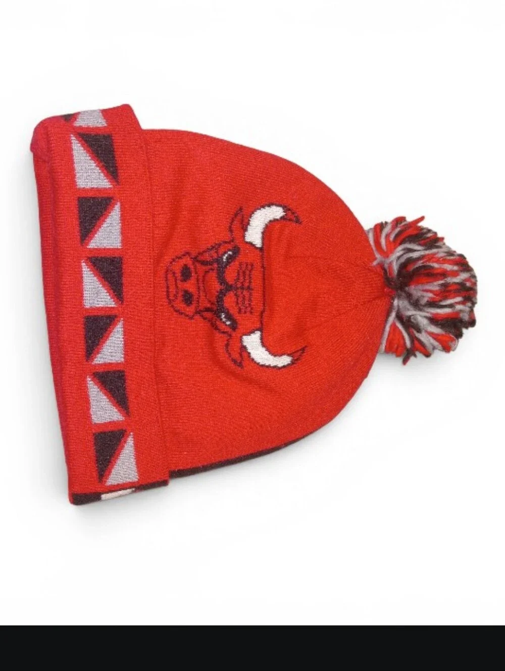Red Pom Pom Beanie with Bull Design
